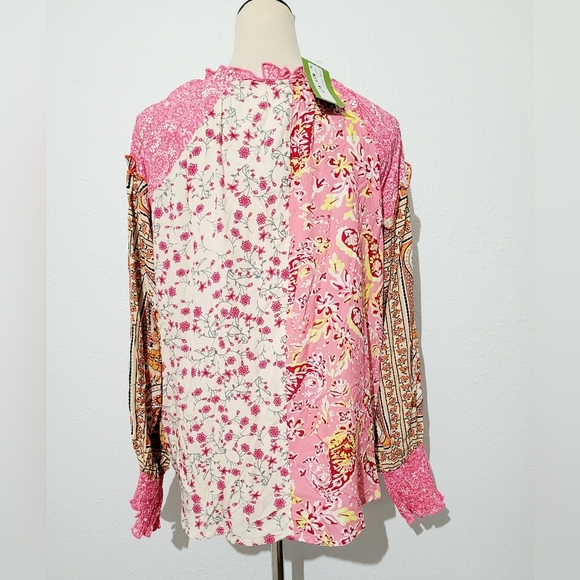 Boho Patchwork Blouse S Floral Paisley Viscose Long Sleeve Ruffle Neck Peasant - Picture 4 of 13